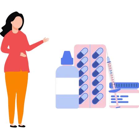 Girl standing near bunch of medicines  Illustration