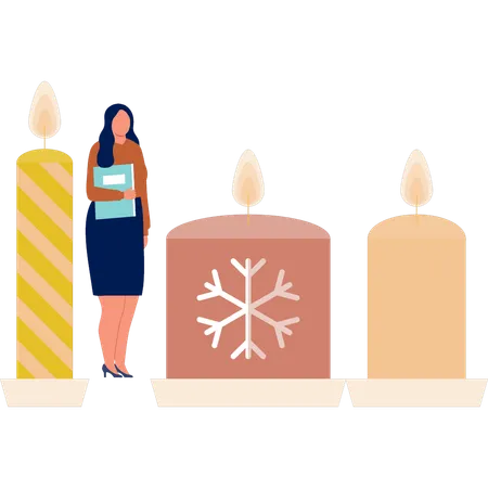 Girl standing near christmas candles  Illustration