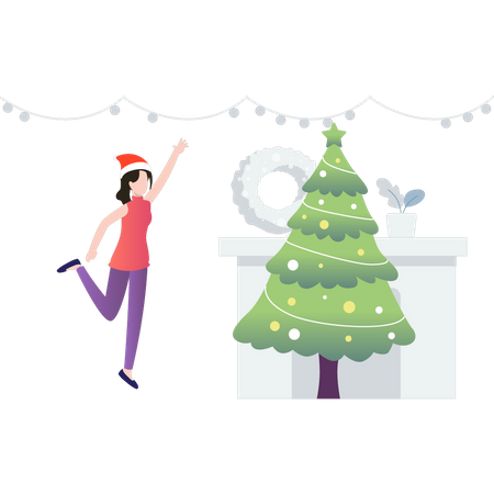 Girl standing near Christmas tree Illustration