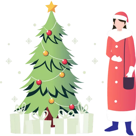 Girl standing near Christmas tree Illustration