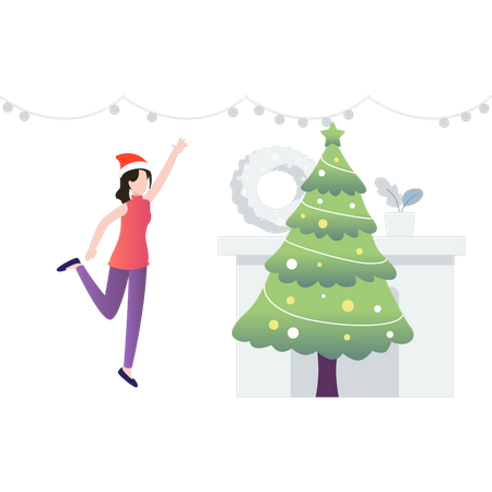 Girl standing near Christmas tree  Illustration