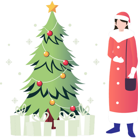 Girl standing near Christmas tree  Illustration