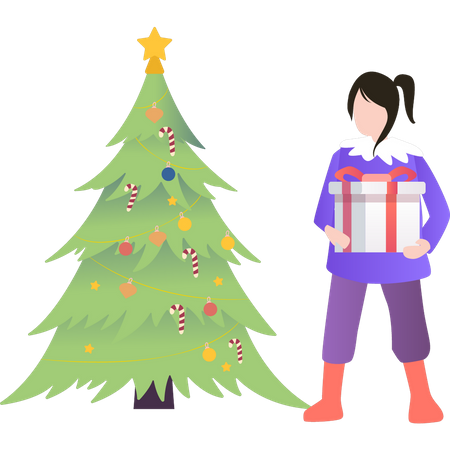 Girl standing near Christmas tree with gift  일러스트레이션