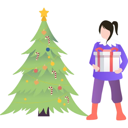 Girl Standing Near Christmas Tree Holding Gift Illustration