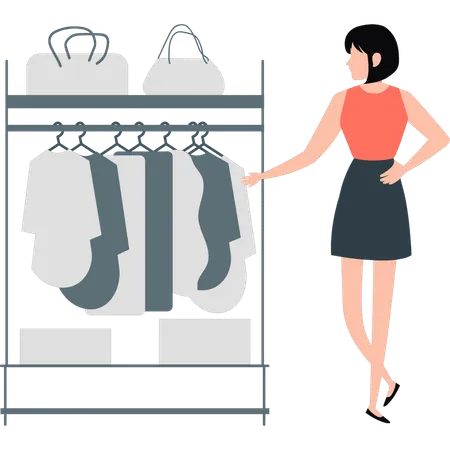 Girl Is Standing Near Cloth Rack Illustration