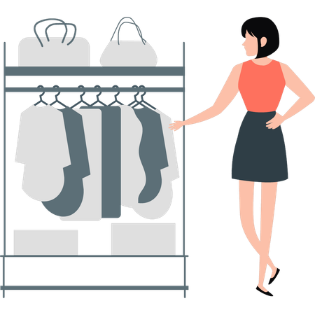 Girl standing near cloth rack  Illustration