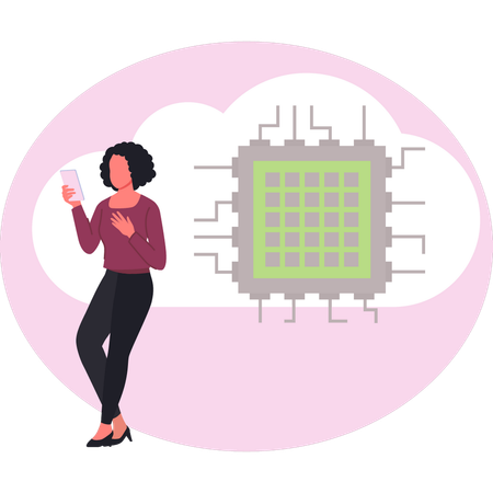 Girl standing near cloud networking  Illustration