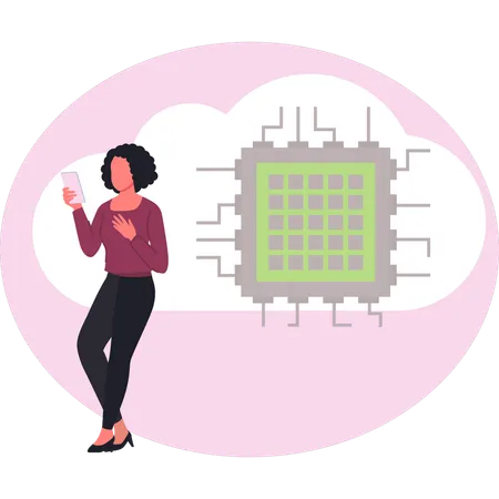 Girl standing near cloud networking  Illustration