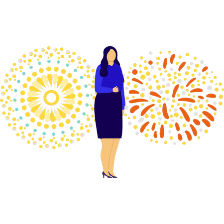 Girl standing near firework fountain  Illustration