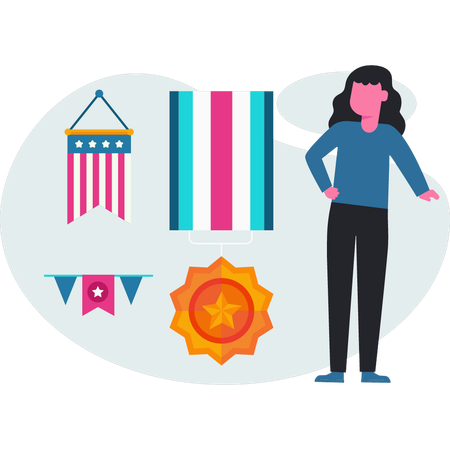 Girl standing near flag  Illustration