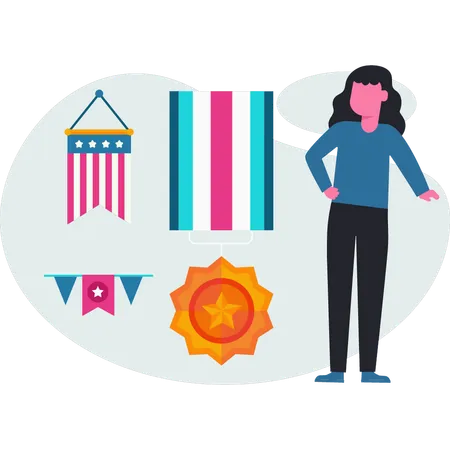 Girl standing near flag  Illustration