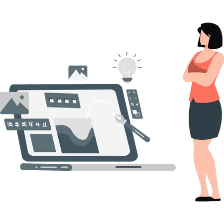 Girl standing near graphic design platform  Illustration