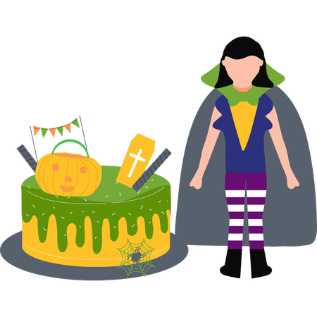 Girl standing near Halloween cake  Illustration