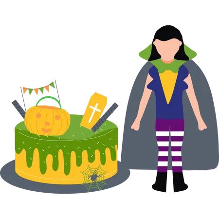 Girl standing near Halloween cake  Illustration