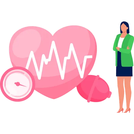 Girl standing near healthy heart and stethoscope  Illustration