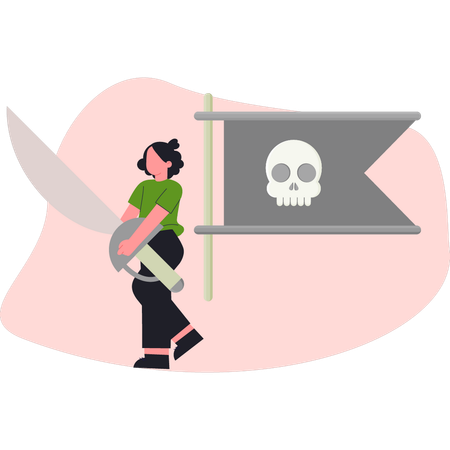 Girl  standing near jolly roger  Illustration