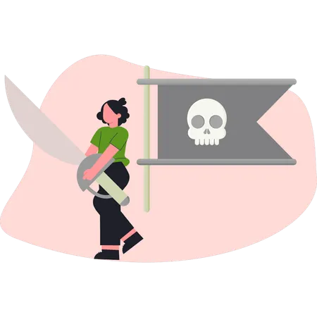 Girl  standing near jolly roger  Illustration