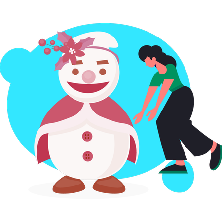 Girl standing near next to snowman  Illustration