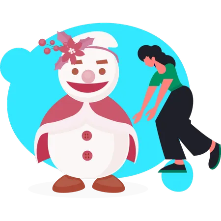 Girl standing near next to snowman  Illustration