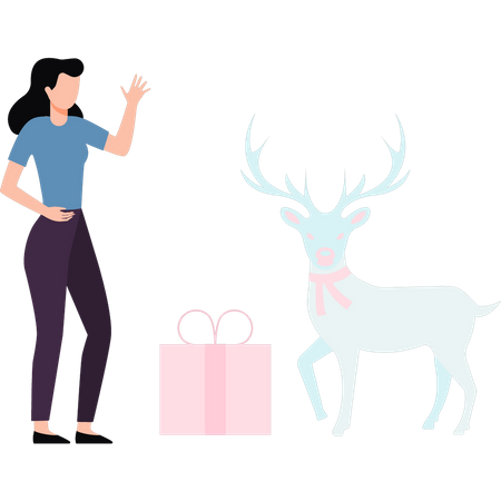 Girl standing near reindeer and Christmas presents  イラスト