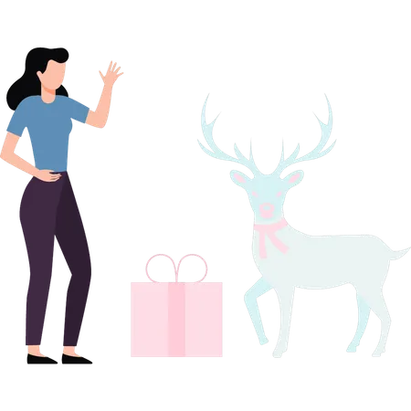 Girl standing near reindeer and Christmas presents  Illustration