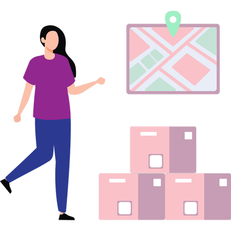 Girl standing near shipping boxes  Illustration