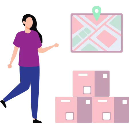 Girl standing near shipping boxes  Illustration