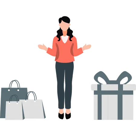 A Girl Is Standing Near Shopping Bags Illustration