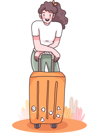Girl standing near suitcase Illustration