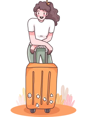 Girl standing near suitcase Illustration