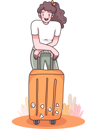 Girl standing near suitcase  Illustration