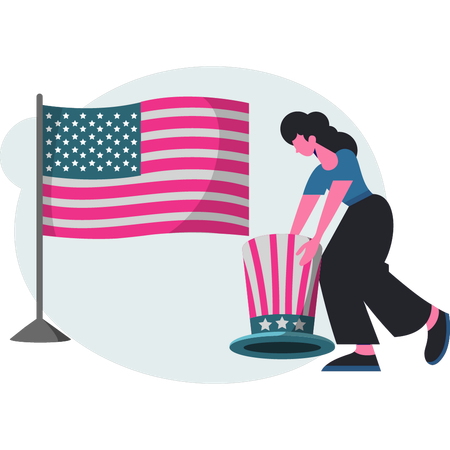 Girl  standing near US flag  Illustration