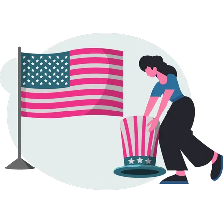 Girl  standing near US flag  Illustration