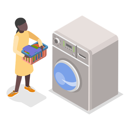 Girl standing near Washing machine with clothe  Illustration