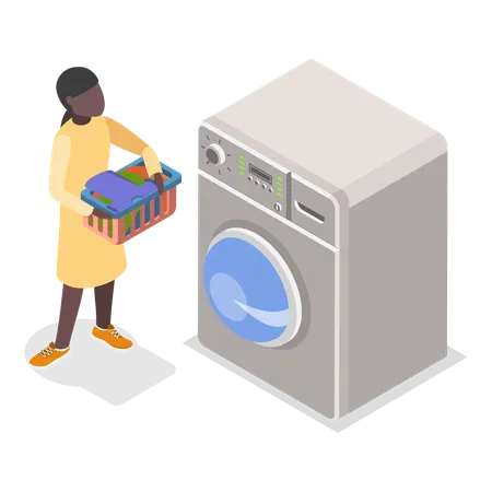 Girl standing near Washing machine with clothe  Illustration