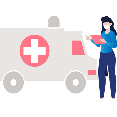Girl standing next to ambulance  Illustration