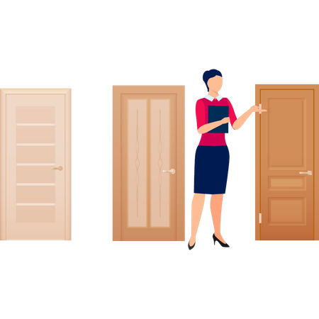 Girl standing next to apartment doors  Illustration