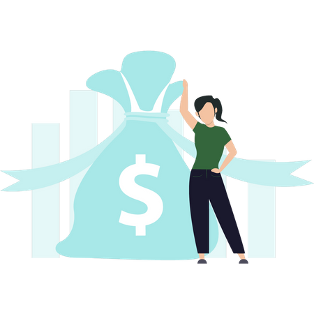 Girl standing next to bag of money  イラスト