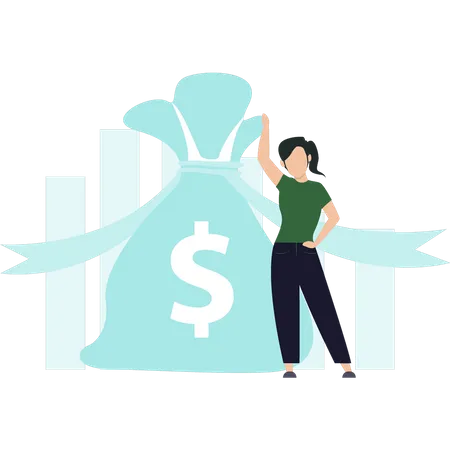 A Girl Is Standing Next To A Bag Of Money Illustration