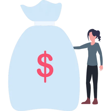 A Girl Is Standing Next To A Bag Of Money Illustration
