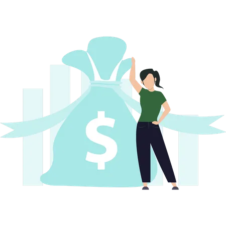 Girl standing next to bag of money  Illustration