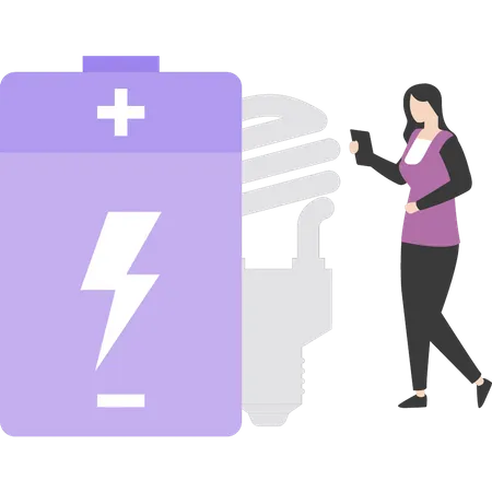 Girl standing next to battery  Illustration