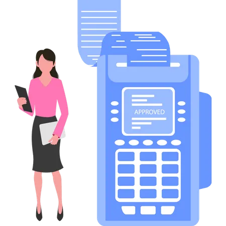 Girl standing next to billing machine  Illustration