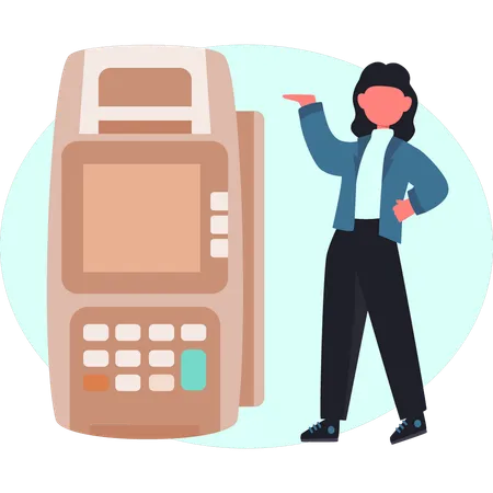 Girl standing next to billing machine  Illustration