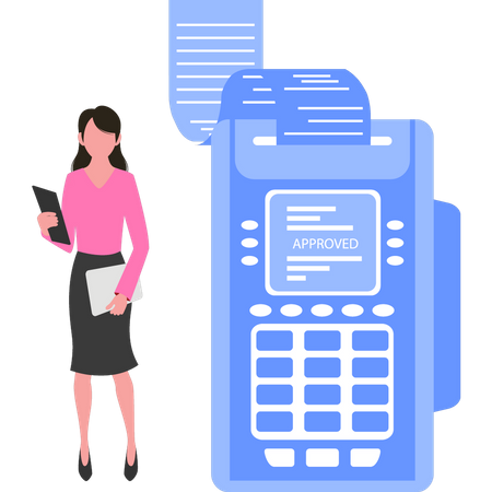 Girl standing next to billing machine  Illustration