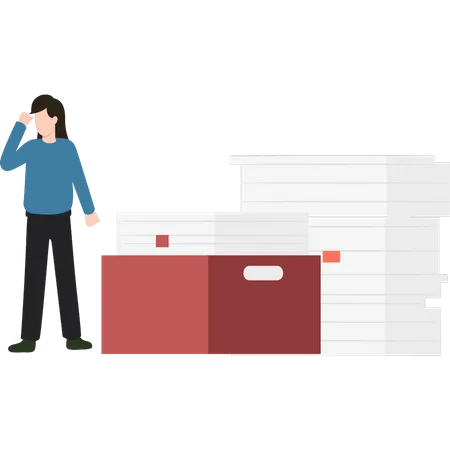 The Girl Is Standing Next To A Box Of Papers Illustration