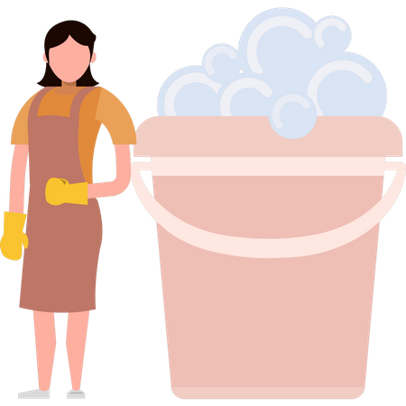 Girl standing next to bucket  Illustration