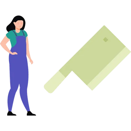 Girl standing next to butcher knife  Illustration