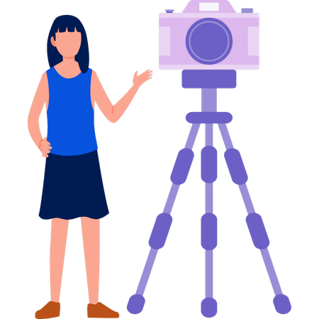 Girl standing next to  camera tripod  Illustration