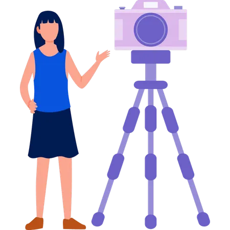 Girl standing next to  camera tripod  Illustration